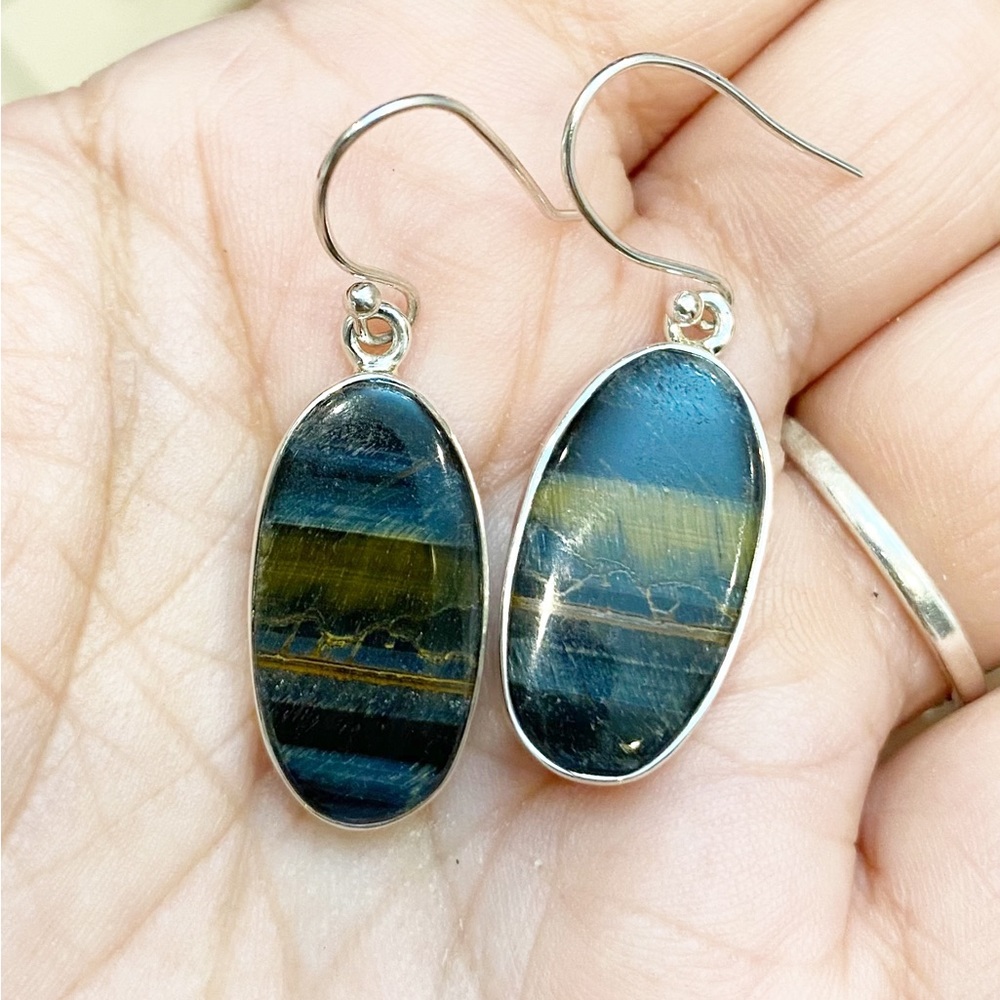 Rare Blue Tigers Eye Oval Earrings set in Solid 925 Sterling Silver